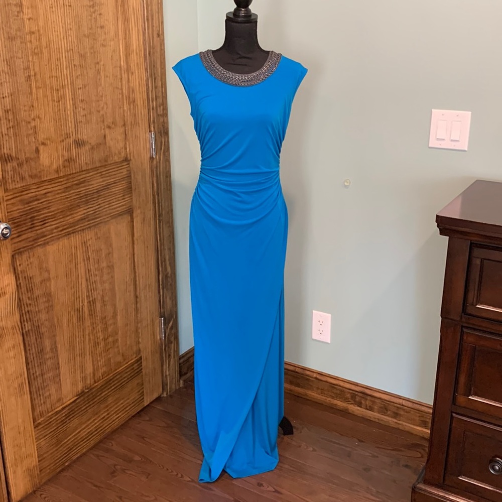 Calvin Klein Blue Evening Gown with Metal Neck Detail